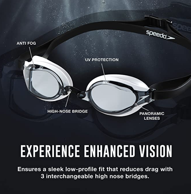 Speedo Mirrored Swim Goggles, Anti-Glare, Anti-Fog, UV Protection. PHOTO: Amazon