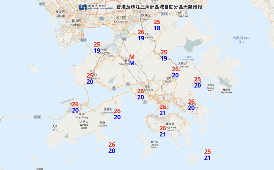 香港及珠江三角洲區域自動分區天氣預報，2023 年 10 月 13 日發布。現時預期，10 月 21 日市區最低氣溫 21 度，北區會低至 18 度。