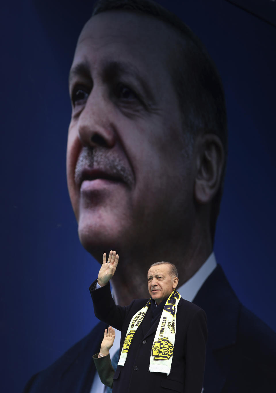 Turkish President and People's Alliance's presidential candidate Recep Tayyip Erdogan gestures to supporters during an election campaign rally in Ankara, Sunday, April 30, 2023. Turkey is heading toward presidential and parliamentary elections on Sunday May 14, 2023. (AP Photo/Ali Unal)