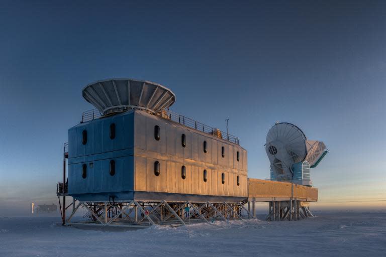 This undated handout photo courtesy of Steffen Richter shows the Dark Sector Lab (DSL), located 3/4 of a mile from the Geographic South Pole, which houses the BICEP2 telescope (left) and the South Pole Telescope (right)