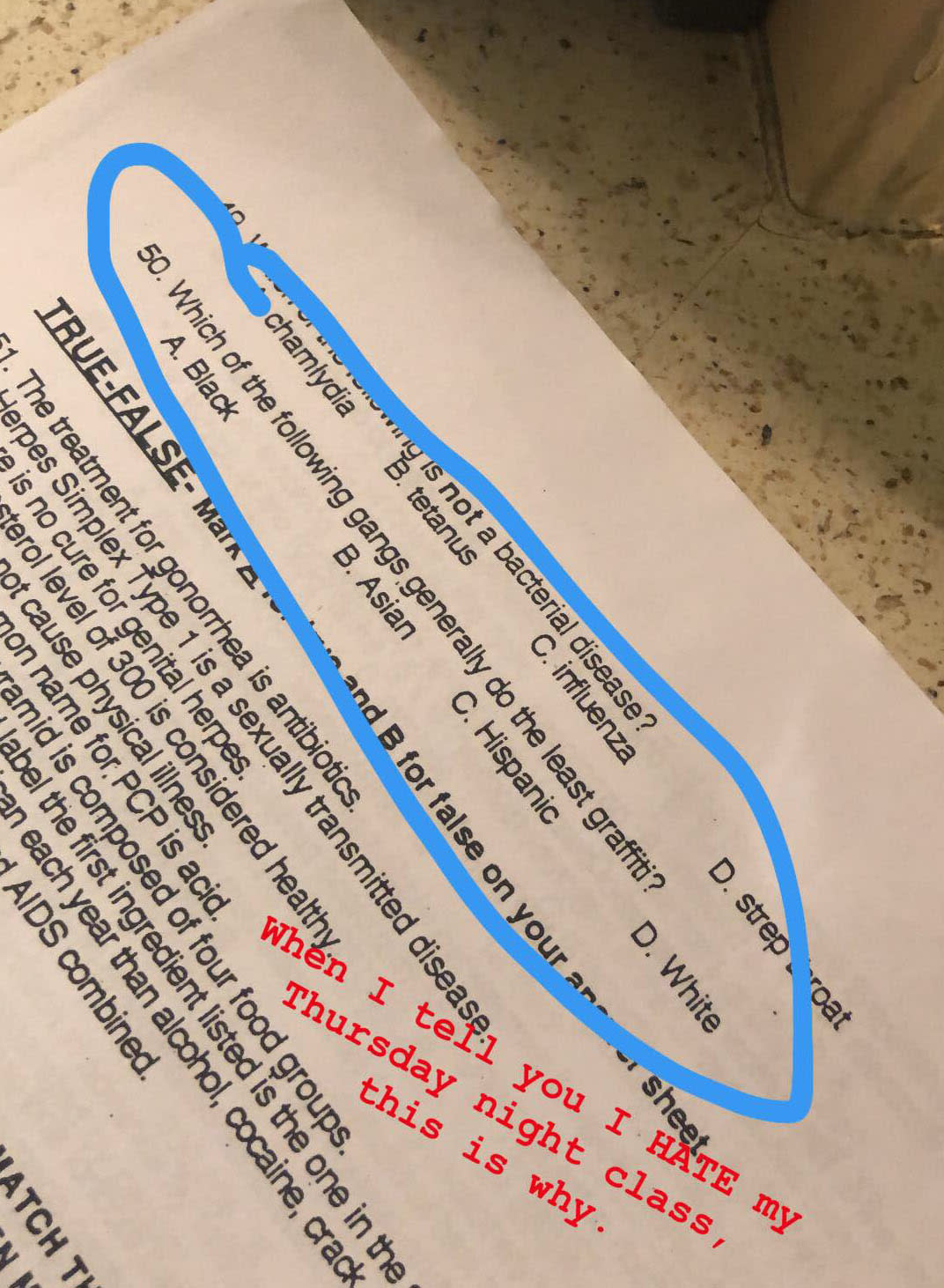 Student Alex Rambo tweeted a photo of the exam question he called “offsensive” and “insensitive.” (Photo: Alex Rambo via Twitter)