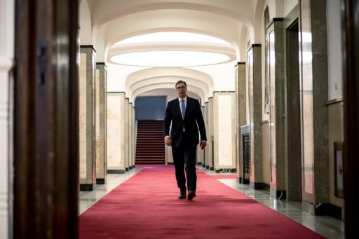 Serbian President Aleksandar Vucic arrives for an interview with AFP on May 14, 2018, in Belgrade