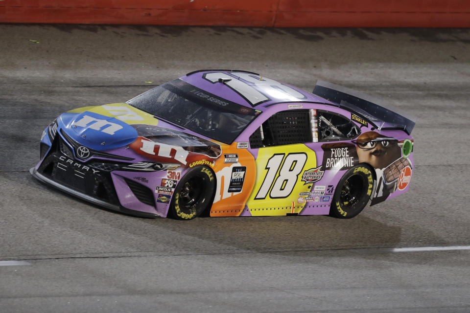 Kyle Busch (18) drives during the NASCAR Cup Series auto race Wednesday, May 20, 2020, in Darlington, S.C. (AP Photo/Brynn Anderson)