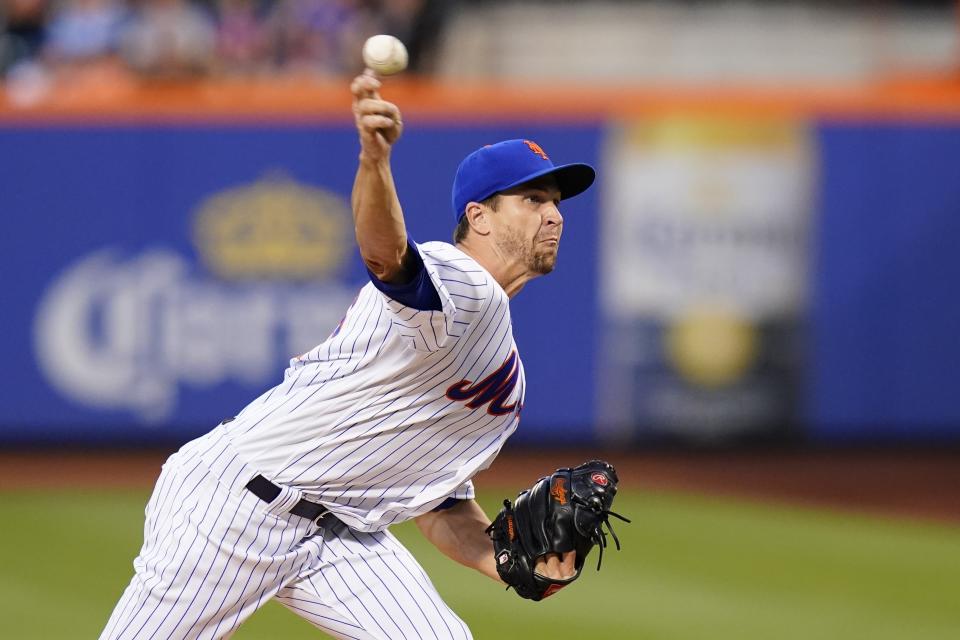 New York Mets' Jacob deGrom pitches during the first inning of a baseball game against the Colorado Rockies, Thursday, Aug. 25, 2022, in New York. (AP Photo/Frank Franklin II)