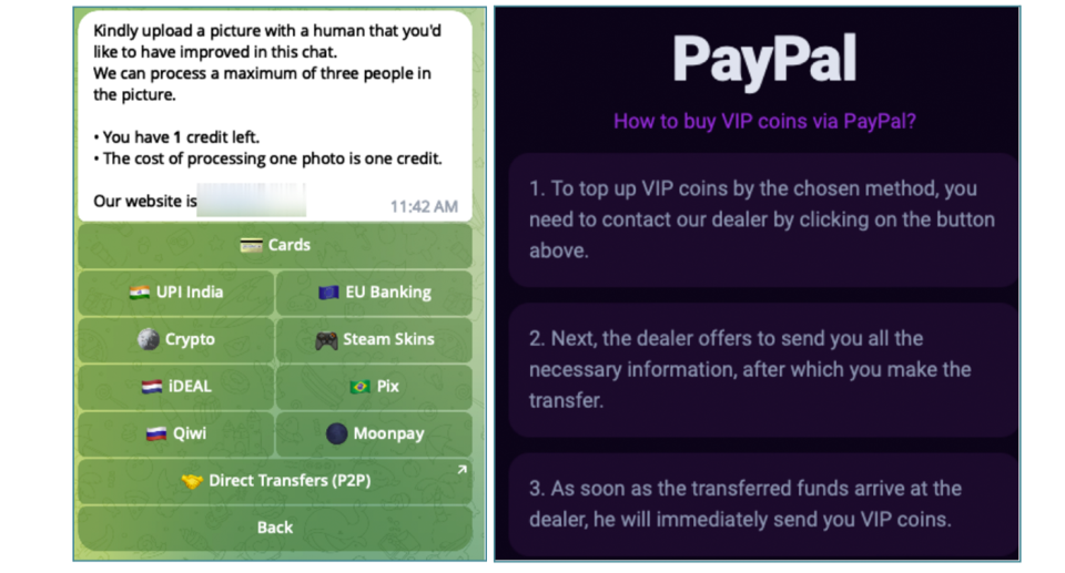 Payment options for a synthetic NCII service on Telegram. 