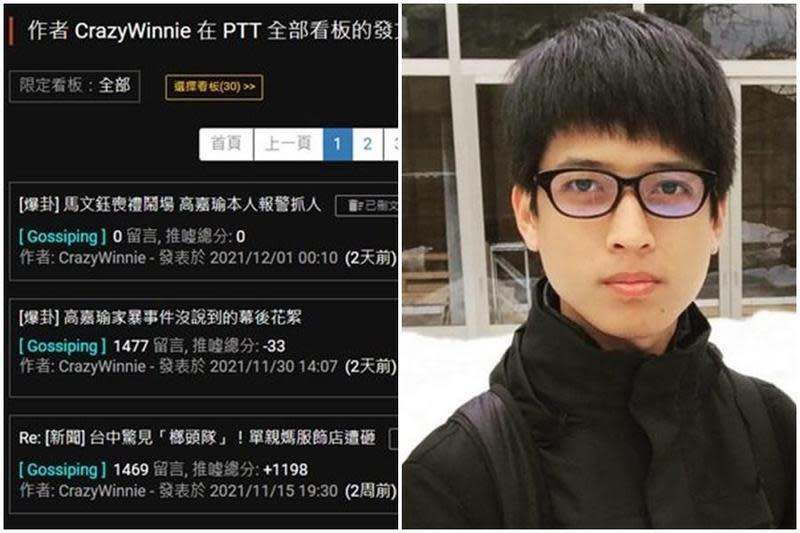 PTT帳號「CrazyWinnie沒品維尼」第一時間被抓包企圖幫男方洗白後刪文，事後帳號被起底與自稱「台獨機關槍」李柏璋相關。（翻攝自PTT/李柏璋臉書）