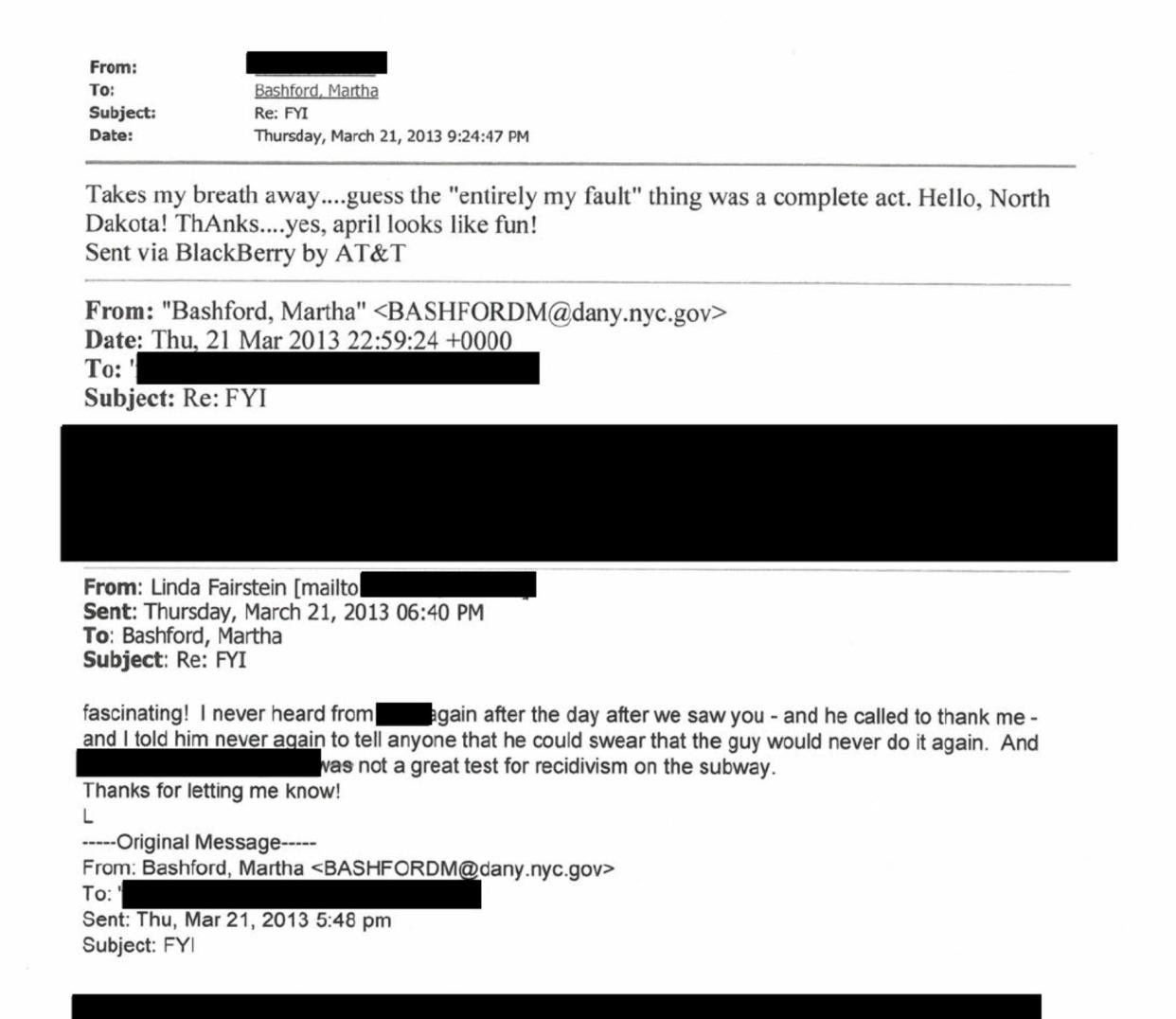 An email exchange between Bashford and Fairstein about the case of Dr. Levinson. (Photo: Manhattan District Attorney)