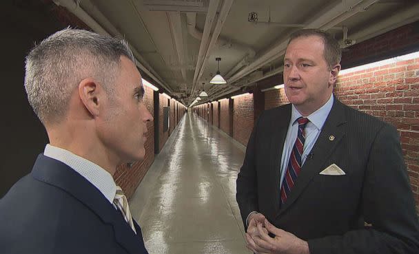 PHOTO: Sen. Eric Schmitt, right, talks with ABC's Devin Dwyer. (ABC News)