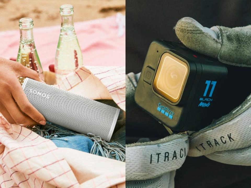 Side by side images of a person holding a GoPro camera and someone pulling the Sonos Roam speaker out of a bag at the beach