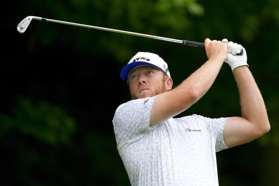 Taylor Gooch hits his tee shot on the third hole during a practice round for the PGA Championship golf tournament at the Valhalla Golf Club, Wednesday, May 15, 2024, in Louisville, Ky. (AP Photo/Matt York)