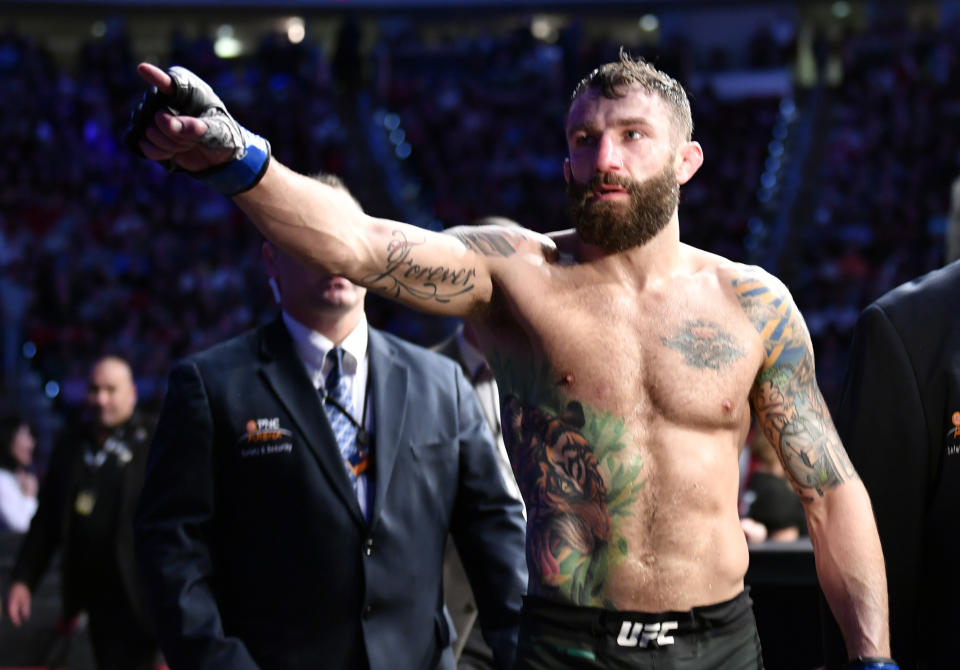 RALEIGH, NORTH CAROLINA - JANUARY 25:  Michael Chiesa celebrates after his decision victory over Rafael Dos Anjos of Brazil in their welterweight fight during the UFC Fight Night event at PNC Arena on January 25, 2020 in Raleigh, North Carolina. (Photo by Jeff Bottari/Zuffa LLC via Getty Images)