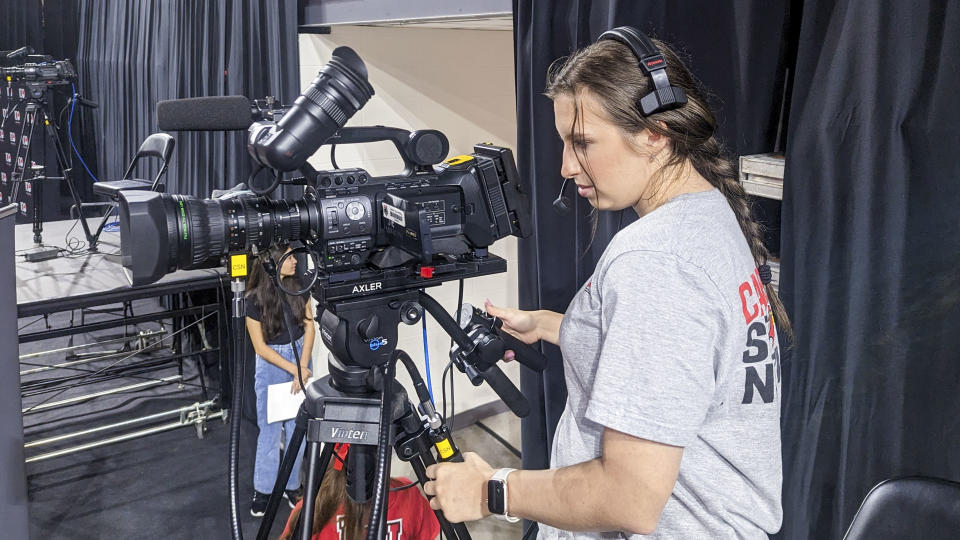 A camera operator uses Reidel Communications beltpacks at Lamar University.