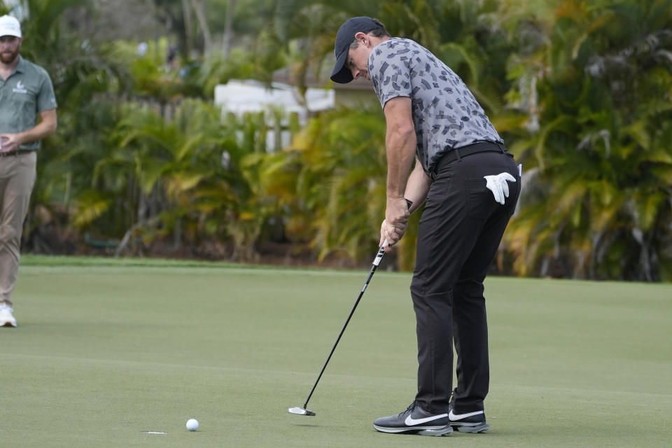 Rory McIlroy of Northern Ireland putts on the seventh green during the first round of the Cognizant Classic golf tournament, Thursday, Feb. 29, 2024, in Palm Beach Gardens, Fla. (AP Photo/Marta Lavandier)