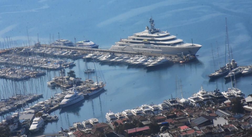 The luxury yacht of Roman Abramovich, pictured here anchored at Cruise Port in Turkey.