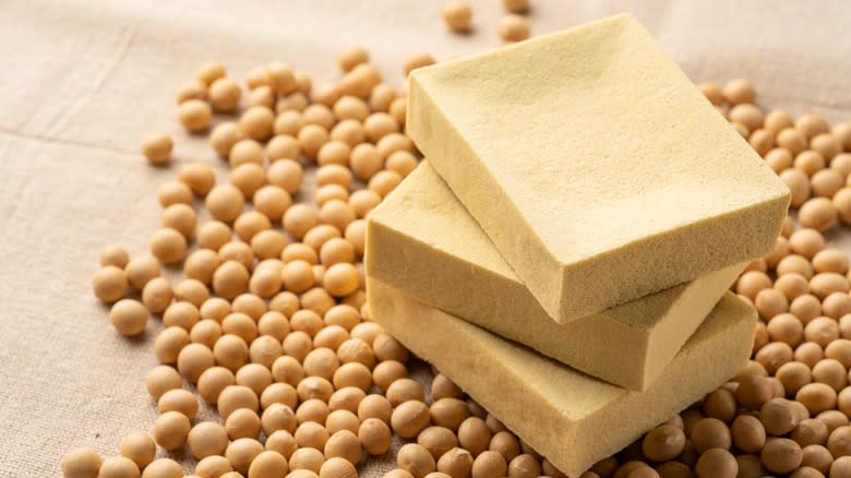 Freeze-dried tofu stacked atop soybeans