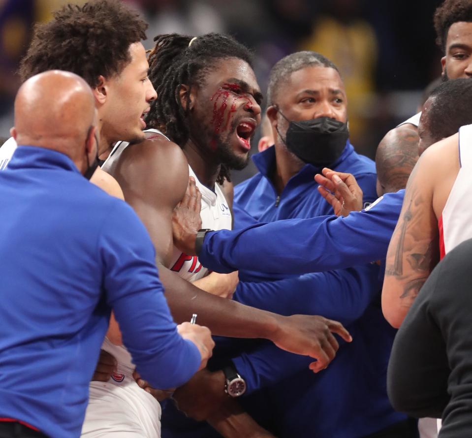 Detroit Pistons center Isaiah Stewart goes after Los Angeles Lakers forward LeBron James after being hit in the face by James. Both players were ejected from the game Sunday, Nov. 21, 2021 at Little Caesars Arena.