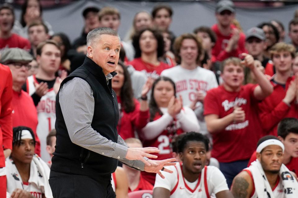 Jan 12, 2023; Columbus, Ohio, USA;  Ohio State Buckeyes head coach Chris Holtmann shouts to a referee during the second half of the men’s NCAA division I basketball game between the Ohio State Buckeyes and the Minnesota Golden Gophers at Value City Arena. Mandatory Credit: Joseph Scheller-The Columbus Dispatch