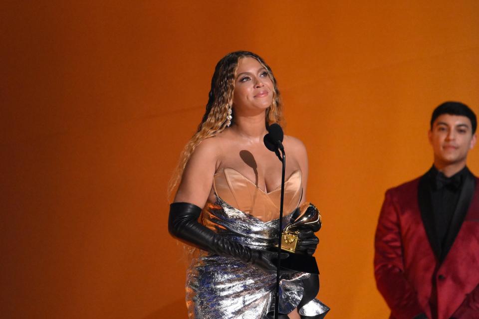 Beyoncé accepts the award for best dance/electronic music album for “Renaissance” becoming the all-time winner for the most Grammy Awards.