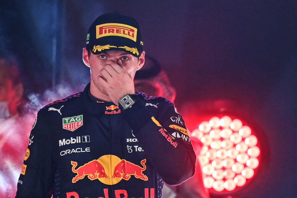 Second-placed Red Bull's Dutch driver Max Verstappen  arrive for he podium ceremony  after the Formula One Saudi Arabian Grand Prix at the Jeddah Corniche Circuit in Jeddah on December 5, 2021. (Photo by ANDREJ ISAKOVIC / various sources / AFP) (Photo by ANDREJ ISAKOVIC/AFP via Getty Images)