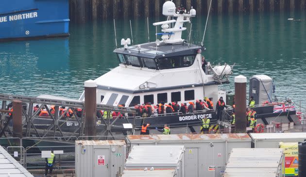 A group of people thought to be migrants are brought in to Dover, Kent, from a Border Force vessel following a small boat incident in the Channel. Picture date: Saturday March 30, 2024. (Photo by Gareth Fuller/PA Images via Getty Images)