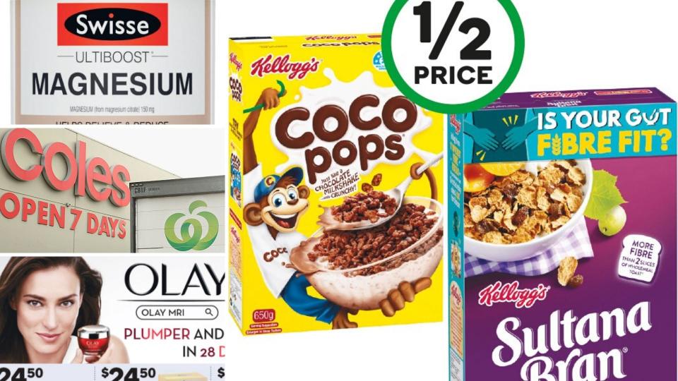 Swisse vitamins, Kellogg's breakfast cereals and Olay cosmetic cream on sale for half-price at Woolworths and Coles.