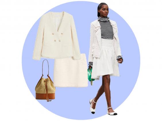Tweed blazer (Mango, £39.99), mini skirt (Mango, £19.99), rattan bucket bag (£49.99), Chanel