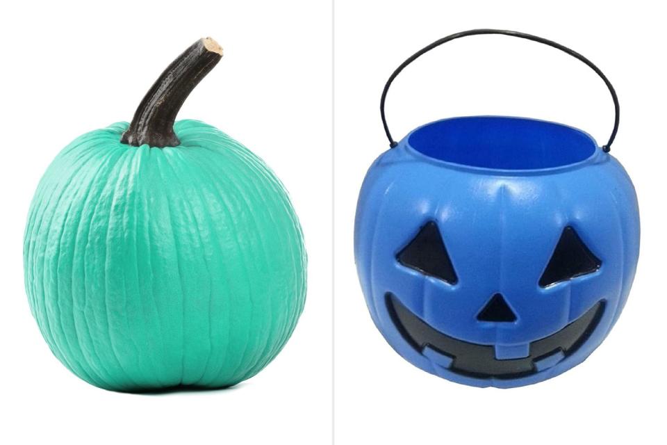 <p>Getty; Amazon</p> Teal pumpkin, blue bucket