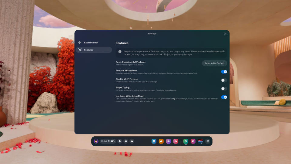 The Experimental Features menu on the Quest 3, showing options for external microphones or playing while lying down.