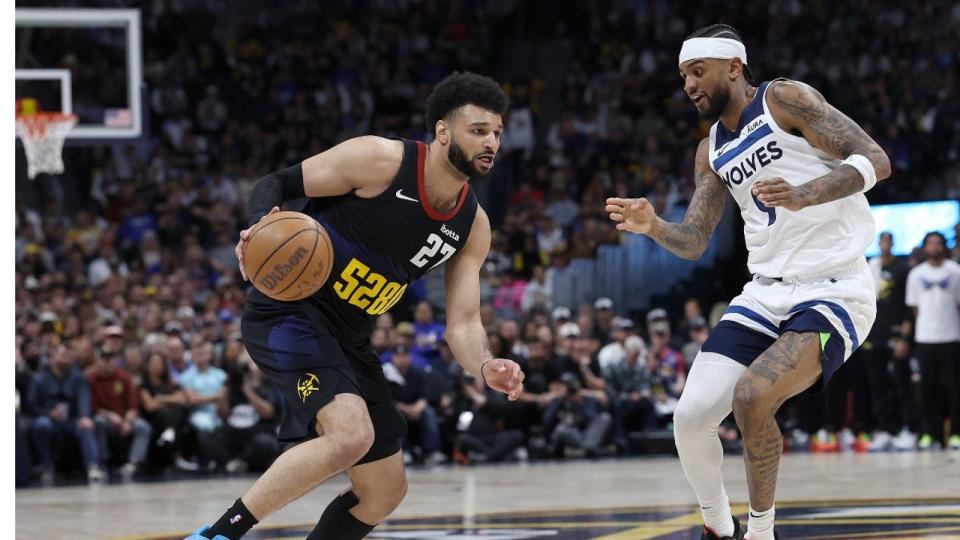 <div><a class="link " href="https://sports.yahoo.com/nba/players/5638/" data-i13n="sec:content-canvas;subsec:anchor_text;elm:context_link" data-ylk="slk:Jamal Murray;sec:content-canvas;subsec:anchor_text;elm:context_link;itc:0">Jamal Murray</a> #27 pf the <a class="link " href="https://sports.yahoo.com/nba/teams/denver/" data-i13n="sec:content-canvas;subsec:anchor_text;elm:context_link" data-ylk="slk:Denver Nuggets;sec:content-canvas;subsec:anchor_text;elm:context_link;itc:0">Denver Nuggets</a> drives against <a class="link " href="https://sports.yahoo.com/nba/players/6205/" data-i13n="sec:content-canvas;subsec:anchor_text;elm:context_link" data-ylk="slk:Nickeil Alexander-Walker;sec:content-canvas;subsec:anchor_text;elm:context_link;itc:0">Nickeil Alexander-Walker</a> #9 of the <a class="link " href="https://sports.yahoo.com/nba/teams/minnesota/" data-i13n="sec:content-canvas;subsec:anchor_text;elm:context_link" data-ylk="slk:Minnesota Timberwolves;sec:content-canvas;subsec:anchor_text;elm:context_link;itc:0">Minnesota Timberwolves</a> in the second quarter during Game Two of the Western Conference Second Round Playoffs at Ball Arena on May 06, 2024 in Denver, Colorado.</div> <strong>((Photo by Matthew Stockman/Getty Images))</strong>