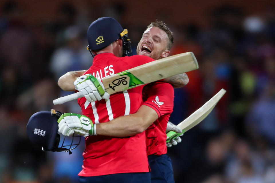 Pictured right to left, England&#39;s Jos Buttler and Alex Hales celebrate their T20 World Cup semi-final victory over India in Adelaide. 