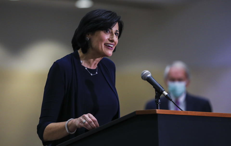 CDC Director Dr. Rochelle Walensky speaks to press at the Hynes Convention Center FEMA Mass Vaccination Site on March 30, 2021 in Boston, Massachusetts. (Erin Clark-Pool/Getty Images)