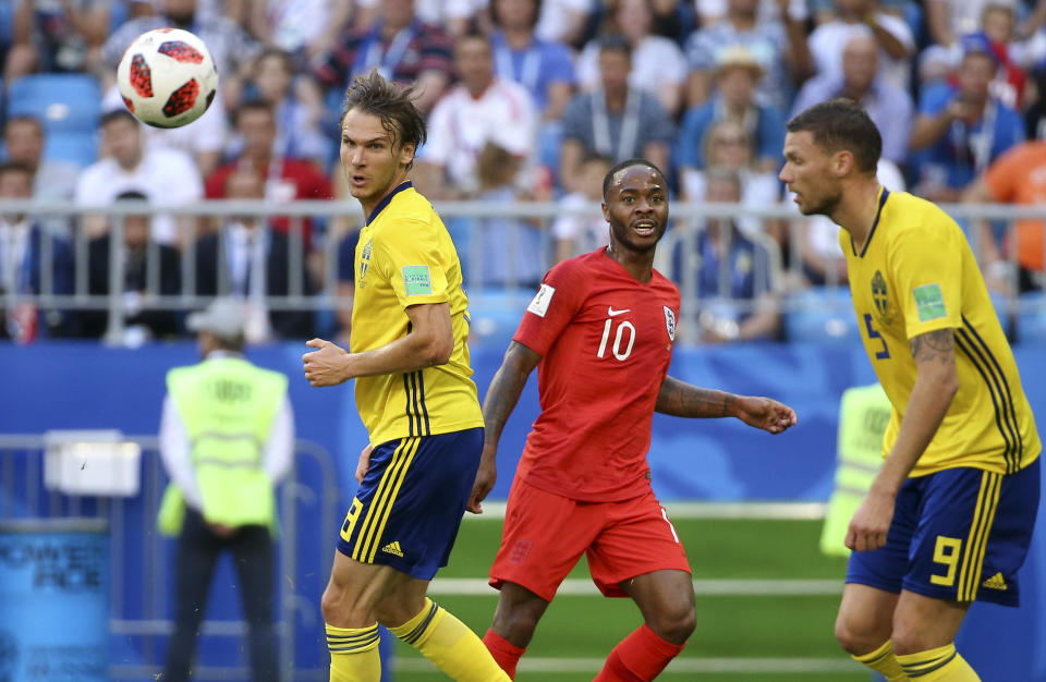 Raheem Sterling of England between Albin Ekdal and Marcus Berg of Sweden during the 2018 FIFA World Cup Russia Quarter Final match between Sweden and England at Samara Arena on July 7, 2018 in Samara, Russia. (Getty Images)