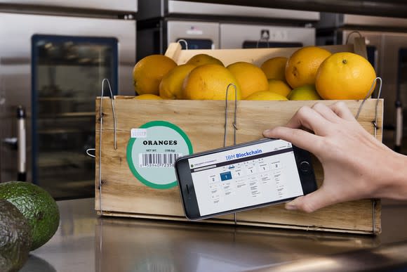 A crate of oranges and a hand holding a cellphone with the IBM blockchain app.