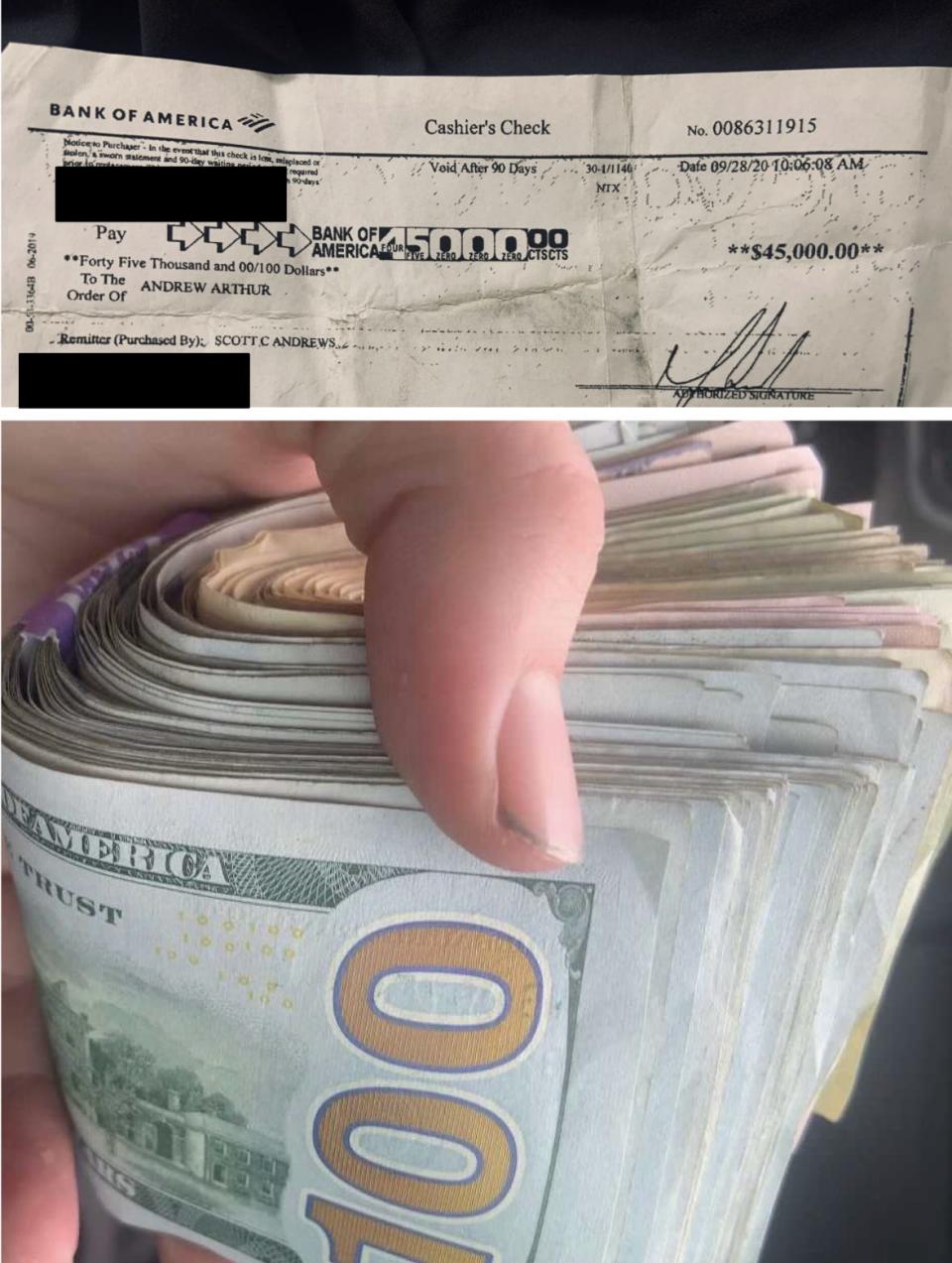 Another image of the alleged cashier's check receipt and an image of the money that was allegedly withdrawn from it.