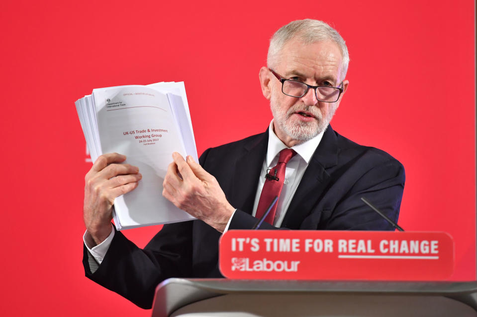 RETANSMITTING AMENDING CAPTION TO UNREDACTED Labour leader Jeremy Corbyn holds an unredacted copy of the Department for International Trade's UK-US Trade and Investment Working Group readout as he delivers a speech about the NHS, in Westminster, London. (Photo by Dominic Lipinski/PA Images via Getty Images)