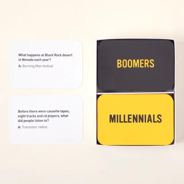 <p><a href="https://go.redirectingat.com?id=74968X1596630&url=https%3A%2F%2Fwww.uncommongoods.com%2Fproduct%2Fmillennials-vs-boomers-trivia-game&sref=https%3A%2F%2Fwww.bestproducts.com%2Fparenting%2Fg102%2Fchristmas-gift-ideas-for-mom%2F" rel="nofollow noopener" target="_blank" data-ylk="slk:Shop Now;elm:context_link;itc:0;sec:content-canvas" class="link ">Shop Now</a></p><p>Millennials vs. Boomers Trivia Game</p><p>uncommongoods.com</p><p>$18.00</p>