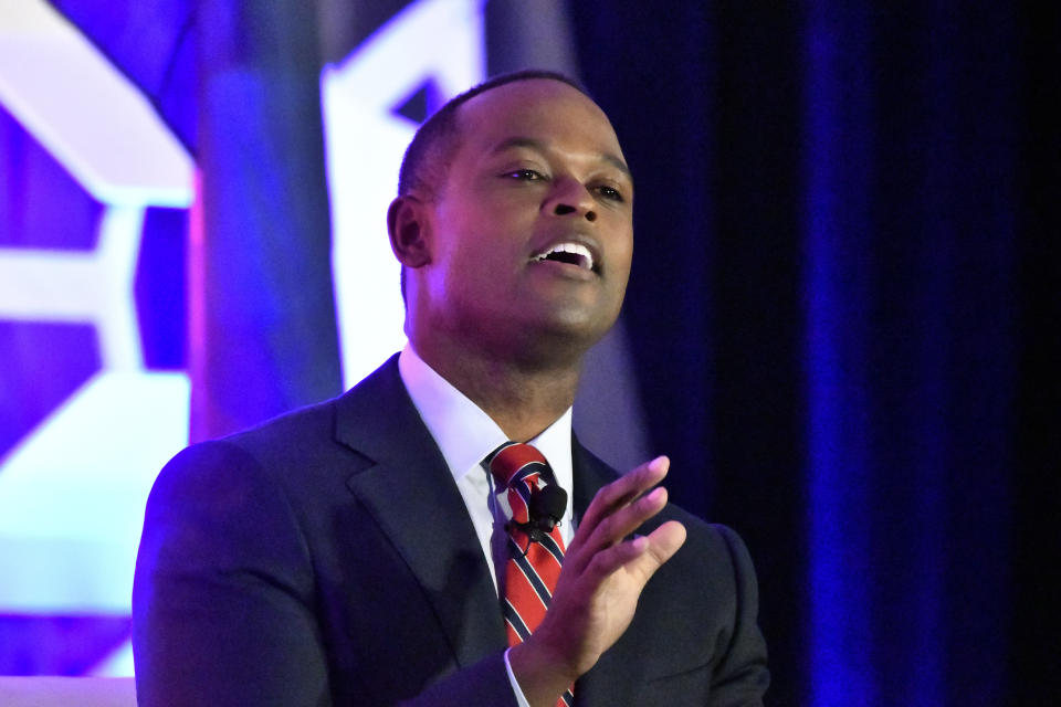 Kentucky Attorney General Daniel Cameron responds to a question from the moderator during the Gubernatorial Forum at the 2023 Kentucky Chamber of Commerce annual meeting dinner in Louisville, Ky., Wednesday, Sept. 20, 2023. (AP Photo/Timothy D. Easley)