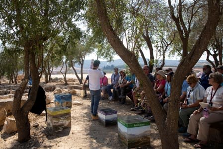 A group of eChristian tourists visit Ancient Shilo, an archaeological site near Shilo settlement in the Israeli-occupied West Bank