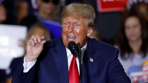 PHOTO: In this file photo taken on Oct. 1, 2022, former President Donald Trump speaks during a Save America rally at Macomb County Community College Sports and Expo Center in Warren, Mich. (Jeff Kowalsky/AFP via Getty Images, FILE)