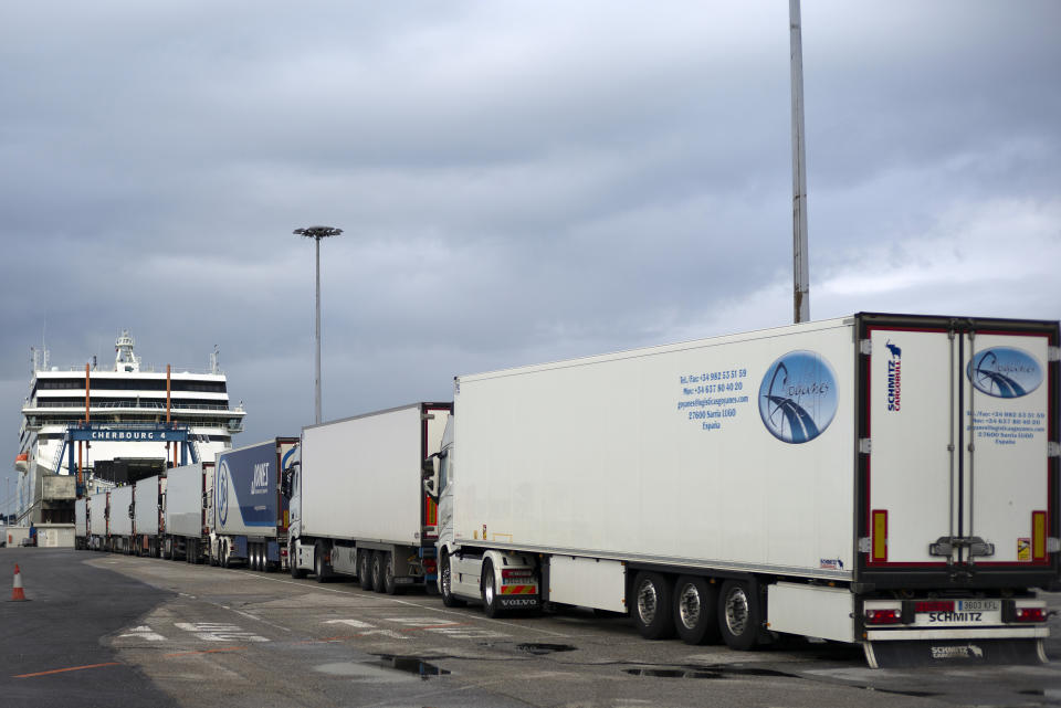 CHERBOURG, FRANCE - FEBRUARY 04: Hauliers line up as they wait to board a ferry on February 04, 2021 in Cherbourg, France. Haulier traffic is expected to see some 9,000 trucks by the end of January compared to 3,000 in January 2020. All companies (Irish Ferries, Stena Line and Brittany Ferries) have increased their supply to and from the port of Cherbourg. (Photo by Aurelien Meunier/Getty Images)
