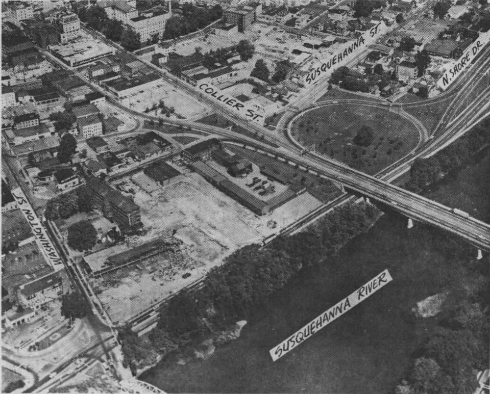 An aerial view of the Collier Street/State Street Bridge area in 1965.