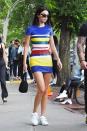 <p>The model was spotted wearing a shiny rainbow-coloured dress while out on a lunch date with sister Kourtney Kardashian in New York, June 2018</p>