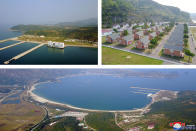 This undated combination photo provided on Wednesday, Oct. 23, 2019 and made by the North Korean government, shows scenes of the Diamond Mountain resort where North Korean leader Kim Jong Un visited, in Kumgang, North Korea. Kim ordered the destruction of South Korean-made hotels and other tourist facilities at the North's Diamond Mountain resort, apparently because Seoul won't defy international sanctions and resume South Korean tours at the site, Pyongyang's official Korean Central News Agency said Wednesday. Independent journalists were not given access to cover the event depicted in this image distributed by the North Korean government. The content of this image is as provided and cannot be independently verified. Korean language watermark on image as provided by source reads: "KCNA" which is the abbreviation for Korean Central News Agency. (Korean Central News Agency/Korea News Service via AP)