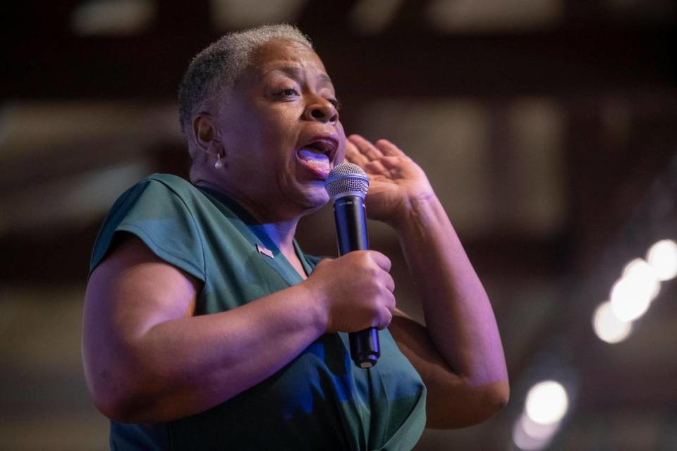 Kentucky Attorney General Democratic candidate Pam Stevenson speaks during the Mike Miller Memorial Marshall County Bean Dinner at the Kentucky Dam Village State Resort Park Convention Center in Gilbertsville, Ky., on Friday, Aug. 4, 2023.