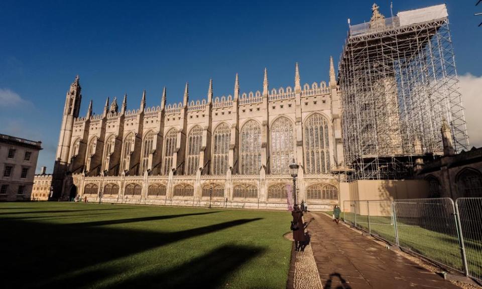 A view of the chapel from the ground with scaffolding covering one end.