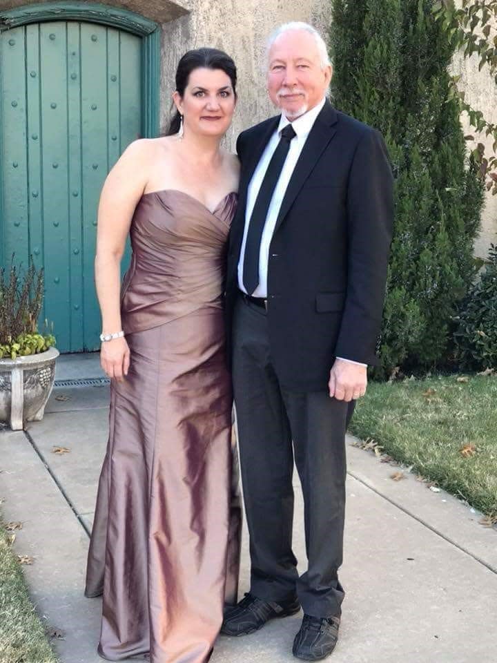 Rowe and her father at her son's wedding.