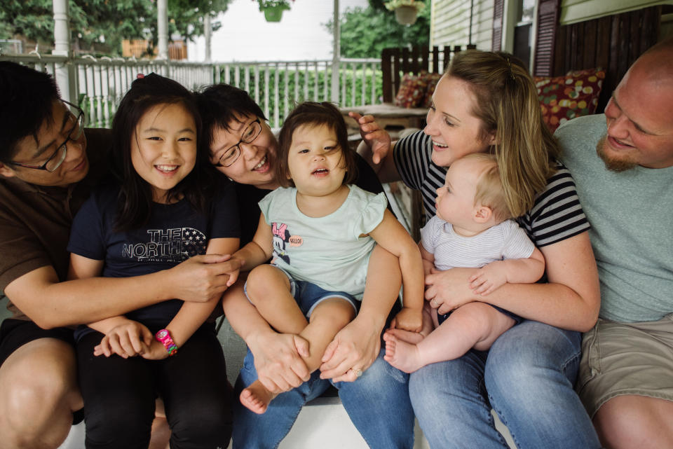 Abby with Catherine, Dave, and her biological parents and sister before her transplant.&nbsp; (Photo: <a href="https://www.megbrock.com/" target="_blank">Meg Brock Photography</a>)