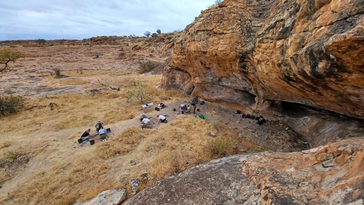 Archaeologists excavate inside and outside Little Muck Shelter, in the Mapungubwe National Park, South Africa. Photo: Tim Forssman