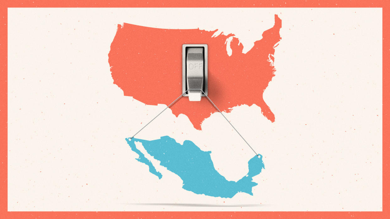  Illustration of Mexico hanging from an OFF switch over the USA. 