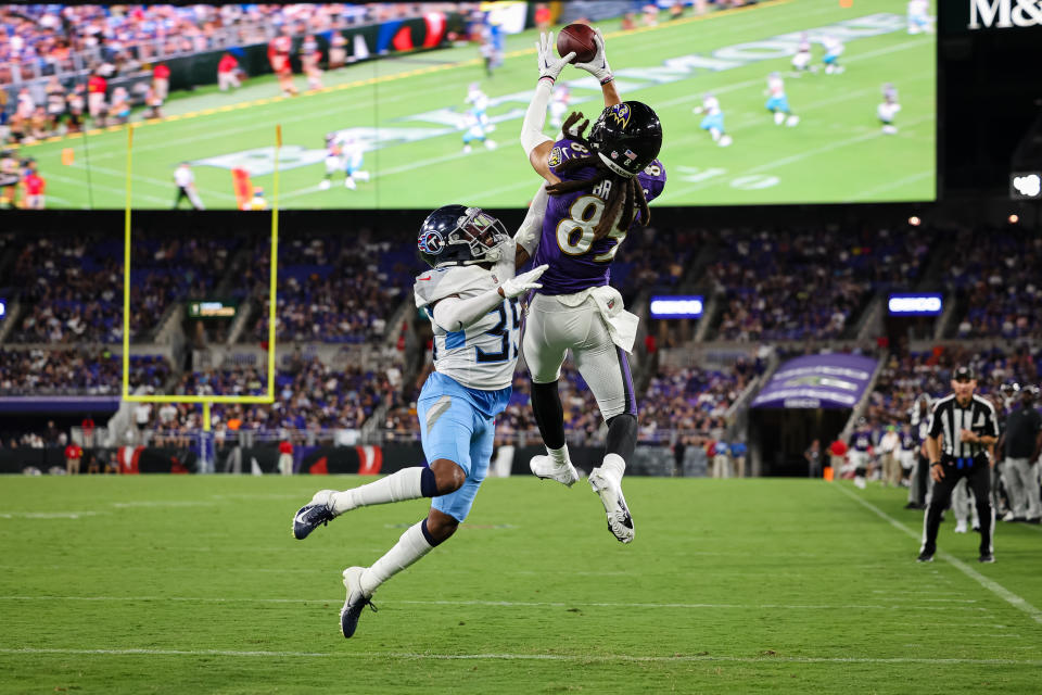 Shemar Bridges of the Baltimore Ravens scores a go-ahead touchdown in the second quarter against the Titans. (Photo by Scott Taetsch/Getty Images)